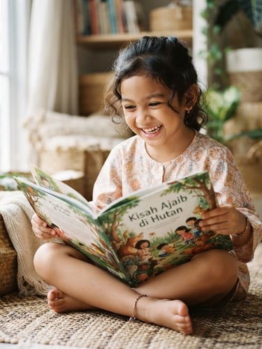 Warm editorial photography of a young Indonesian child smiling while reading a beautifully illustrated book, soft natural morning daylight, gentle pastel cream tones, shallow depth of field, 35mm