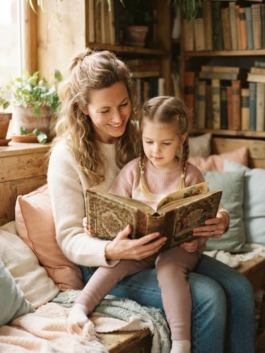 A warm, sunlit close-up of a mother and her young daughter reading a beautifully bound book together in a cozy wooden nook, soft pastel tones, shallow depth of field