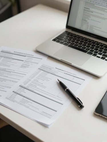 A clean, well-lit desk in Windhoek with organized tax forms, a pen, and a laptop showing clear step-by-step guides, bright natural daylight.