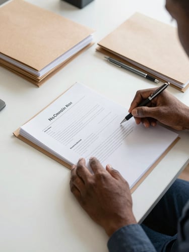 A bright, natural-light portrait of a Namibian professional organizing documents on a clean desk. Overhead angle, showing neat paper folders and a pen. Clear, minimalist workspace environment.
