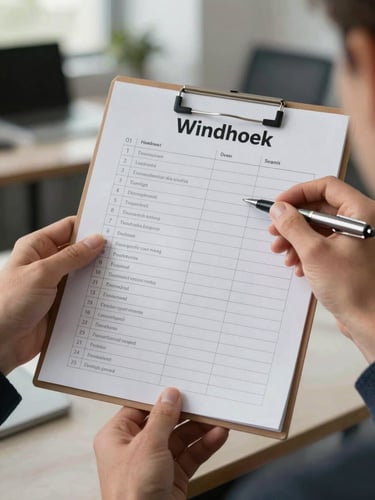 A focused, close-up shot of hands holding a printed checklist with a clean pen. Soft morning light, highlighting the structured text on the paper. Windhoek office background blurred softly.