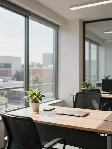 A bright, modern office interior in Windhoek with clean glass windows, natural sunlight illuminating a tidy desk with a small indoor plant.