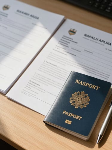 Overhead view of neatly organized official documents, a Namibian passport, and a clean pen on a bright wooden desk, natural morning light casting soft shadows.