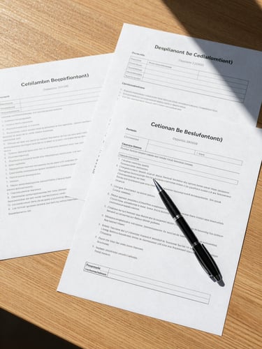 Overhead flat lay of organized business registration documents on a clean wooden desk, a black pen resting on a printed form, bright natural daylight from the side, sharp focus.