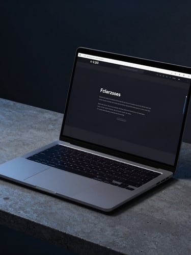 A sleek, minimalist laptop displaying a dark-mode website interface on a concrete desk, cool-toned studio lighting with electric blue accents.