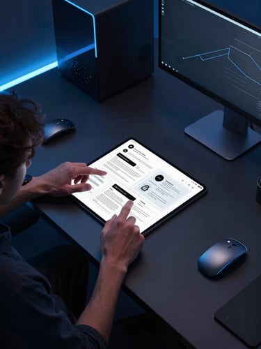 Top-down desk setup with two developers analyzing wireframes, modern hardware, cool-toned ambient light, electric blue accent glows, sleek tech photography