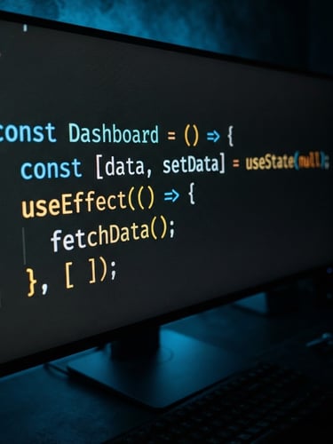 Macro close-up of clean, syntax-highlighted React code on a dark monitor, electric blue ambient glow, sharp focus, low-key dramatic studio lighting