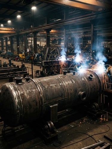Wide panoramic shot of a massive heavy-gauge steel pressure vessel on turning rolls in a fabrication bay, intense welding arcs in the background, high-contrast workshop lighting, raw steel and amber sparks, sharp focus, 35mm