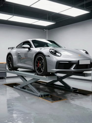 Spotless high-tech automotive service bay, a modern silver Porsche 911 on a hydraulic lift, polished concrete floor reflecting cool overhead LED panel lights, organized tool cabinets in the background