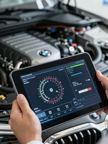 Macro close-up of a technician holding a diagnostic tablet showing real-time engine telemetry, clean hands, a modern BMW engine bay blurred in the background, cool metallic lighting