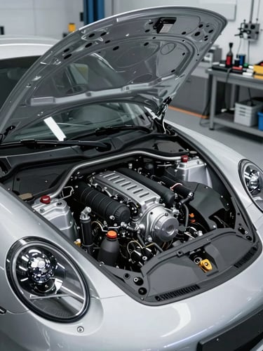 Crisp commercial automotive photography of a spotless modern workshop, a clean Porsche 911 engine bay exposed under sharp cool metallic studio lighting, 35mm lens focus