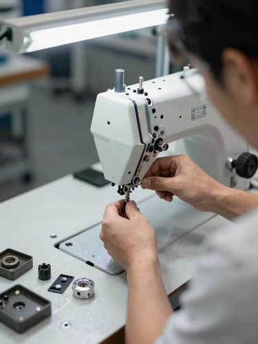 Over-the-shoulder view of a technician's hands tightening a bolt on an industrial sewing machine head, organized spare parts on a metal workbench in the foreground, bright workshop overhead lighting, factory floor context visible in the background