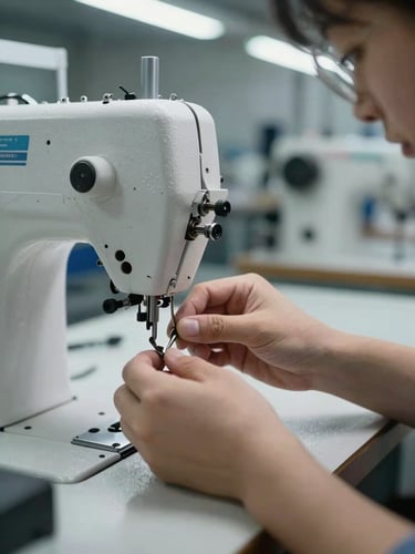 Close-up portrait of a technician's hands installing a needle assembly on an industrial sewing machine, bright overhead warehouse lighting, precision tools and metal components visible on workbench, factory floor background out of focus