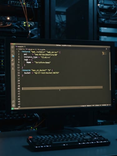 Medium close-up of a clean terminal screen displaying structured Terraform code, soft orange and blue ambient glow from server racks in the background, cool crisp studio lighting, sharp focus, 35mm