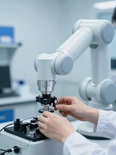 Close-up of a researcher's hand interacting with a high-precision robotic interface arm in a brightly lit, clean laboratory environment, cool daylight, sharp focus