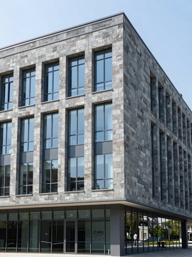 Clean architectural shot of a modern university building exterior with glass facade, bright daylight, slate gray and blue tones, sharp focus