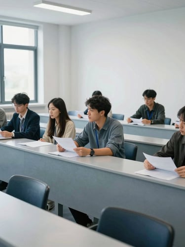 Wide shot of a modern university seminar room, bright natural daylight, researchers discussing technical papers, cool slate tones, 35mm