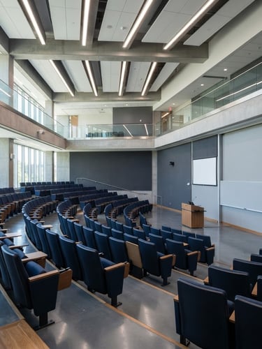 A crisp architectural shot of the modern university lecture hall venue, cool slate and blue tones, bright natural daylight, sharp focus, 35mm