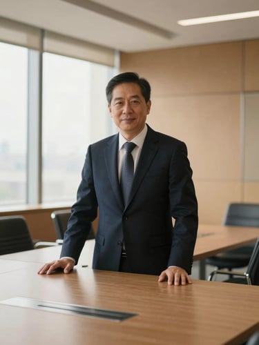 Editorial portrait of a sophisticated corporate advisory meeting room, warm sand tones, architectural lines, soft window light, shallow depth of field
