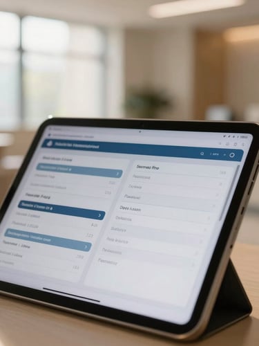 A close-up of a modern tablet displaying healthcare scheduling analytics, warm morning light reflecting off clean glass, architectural details of a medical center in the soft-focus background, 35mm.