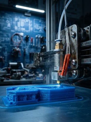 Sharp macro shot of an active FDM 3D printer nozzle extruding precise layers, cool-toned task lighting, blueprint-blue background, high-contrast mechanical details