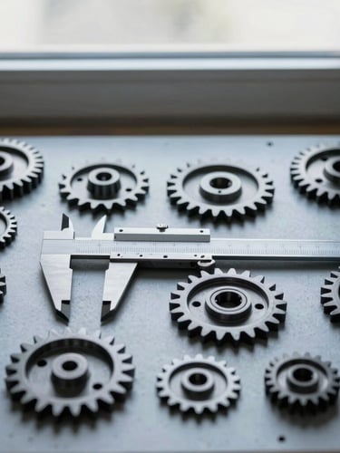 Overhead flat-lay of disassembled mechanical model parts, calipers measuring a 3D printed gear, cool-toned workshop window light, high technical texture