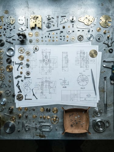 Overhead flat-lay of disassembled mechanical model parts, precision calipers, and technical blueprints on a steel workbench under cool task lighting.