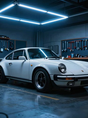 Dynamic low-angle shot of a classic sports car parked inside a moody, high-end workshop with electric blue neon overhead lighting, tools neatly organized in the background, 35mm lens.