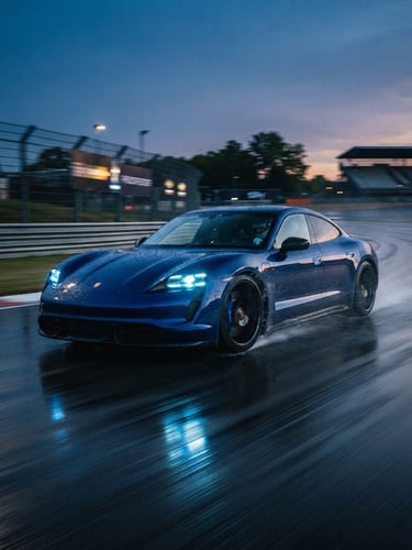 Dynamic low-angle tracking shot of a modern electric sports car accelerating on a wet track at twilight, electric blue neon headlights casting sharp reflections, motion blur, cinematic automotive photography