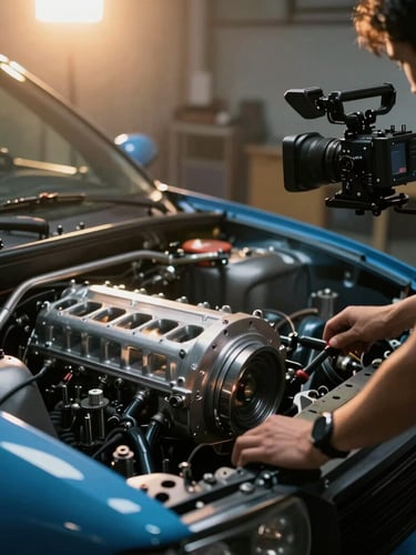 Close-up of a creator filming technical details of a custom engine bay in a moody workshop, professional camera rig, dramatic golden-hour light flares