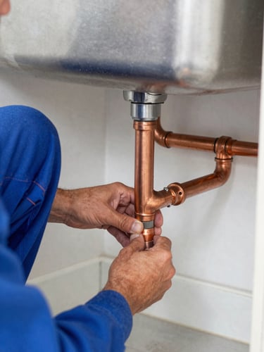 Close-up of a professional plumber's hands installing clean copper pipes under a kitchen sink, bright natural indoor light, clean blue and copper tones, sharp focus, 35mm lens