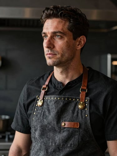 A charismatic Turkish chef in a dark modern kitchen, wearing a heavy charcoal canvas apron with brass rivets and leather straps, looking thoughtfully off-camera, dramatic side light, 35mm