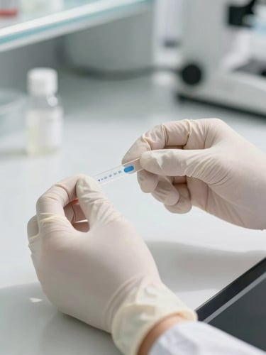Close-up of professional healthcare hands in white gloves preparing samples in a bright modern laboratory, soft clean shadows, warm neutral tones