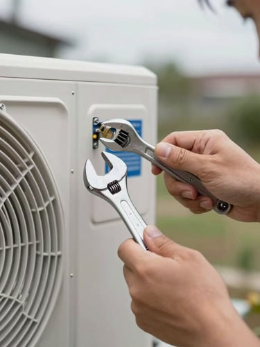Close-up macro shot of an artisan's hands installing a modern heat pump outdoor unit, holding a wrench, overcast natural French daylight, technical precision focus.