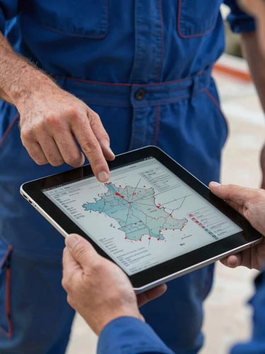 Vue aérienne rapprochée de mains d'artisan en bleu de travail tenant une tablette affichant une carte technique de France, lumière du jour naturelle, ambiance chantier.