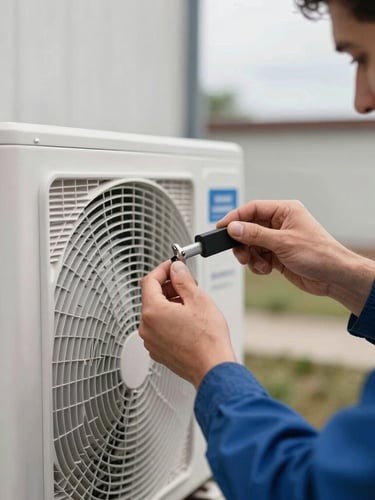 Close-up of hands of an RGE certified heating engineer installing a modern heat pump, metallic textures, natural overcast daylight, high-trust industrial framing.