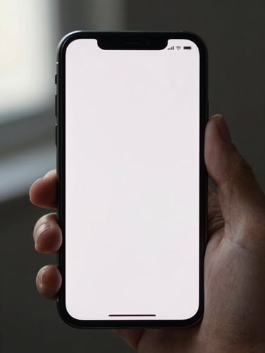 Close-up of an Android phone held in one hand, a clean minimal app interface visible on screen, tight crop on the device and fingers, studio daylight from the left, dark background behind