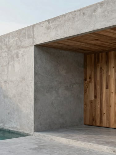 Clean minimalist Mexican villa with strong architectural lines, concrete and warm wood, soft natural afternoon light, 35mm lens