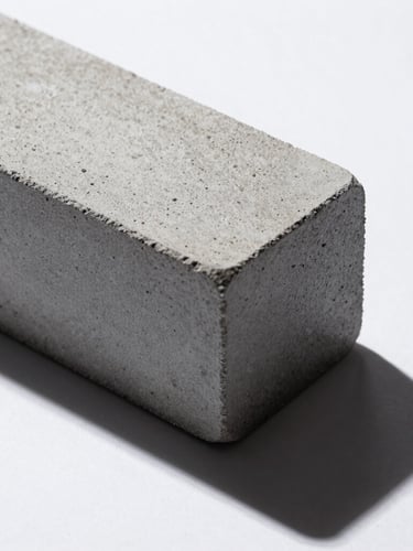 Extreme close-up of a textured gray concrete block casting a sharp, geometric shadow across a pure white surface, cool studio light.