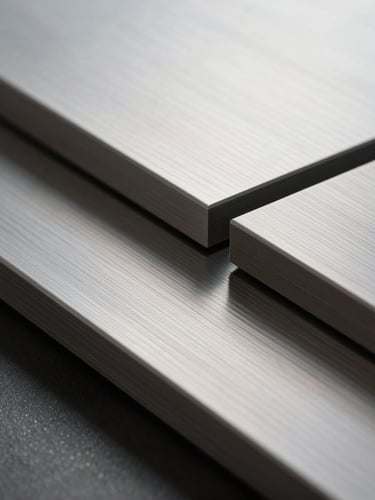 Macro close-up of premium brushed steel panels with sharp geometric shadows, clean architectural lines, cool diffused light.