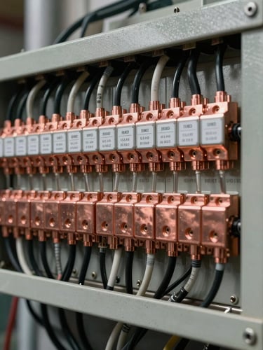 Vista lateral de un tablero eléctrico industrial con cableado perfectamente peinado y etiquetado, iluminación de estudio sobre terminales de cobre pulido