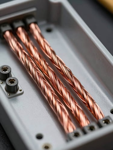 Macro shot of pristine internal panel wiring, perfectly combed copper cables, labeled terminals, technical studio lighting highlighting metallic textures.