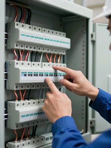 High-contrast side-angle view of a certified electrical inspector checking a pristine control panel, clean hands pointing to a labeled terminal block, copper wiring details.