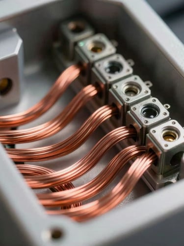 Extreme close-up of pristine internal panel wiring, perfectly combed copper cables, labeled terminals, crisp industrial lighting highlighting metallic textures.