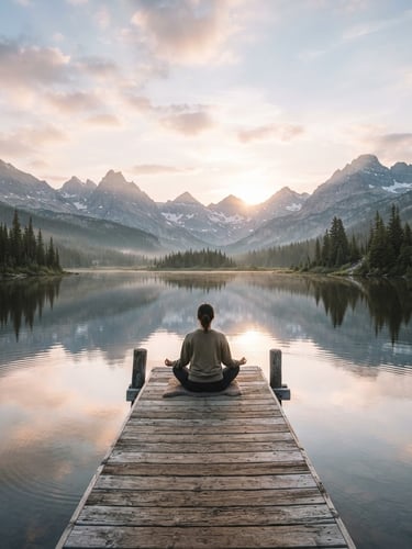 Wide panoramic view of a serene mountain lake at sunrise, a person meditating on a small dock, soft light, muted sage and sand tones, atmospheric.