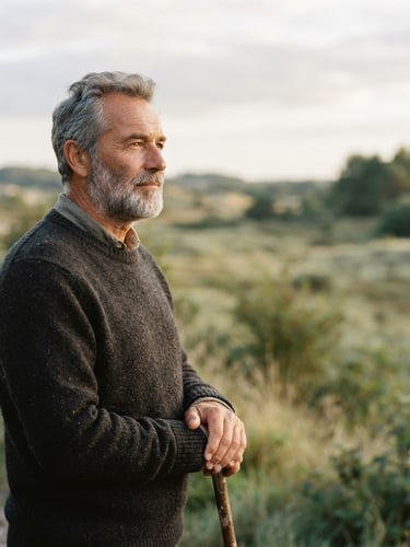 Warmes, authentisches Porträt von Stefan, einem reifen Mann, der nachdenklich in die Ferne blickt, im sanften natürlichen Tageslicht, mit einem Hintergrund aus verschwommenen Naturtönen wie Salbeigrün und Sand, 35mm-Objektiv, atmosphärisch, ruhig.
