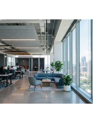 Wide architectural shot of a modern glass-heavy office interior with crisp natural daylight filtering through a window film, showing subtle glare mitigation, cool grey and blue tones, 35mm lens, right third is an expansive window.