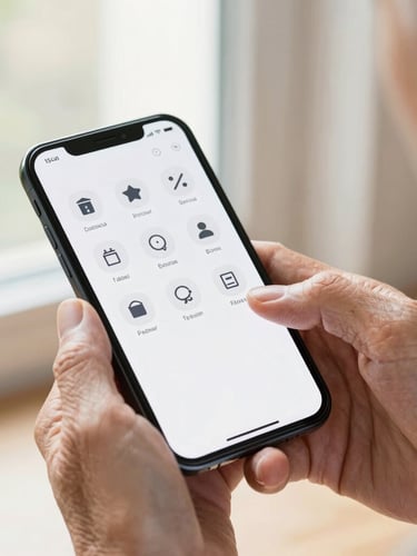 Close-up of a senior's hands holding a modern smartphone displaying an incredibly clean, high-contrast interface with large icons, warm natural morning light, highly detailed texture