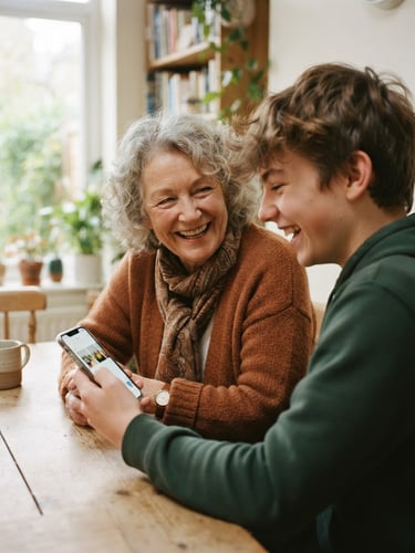 A warm, natural over-the-shoulder shot of a grandmother and her teenage grandson laughing together while looking at a clean, simplified mobile screen, soft window light, shallow depth of field, 35mm