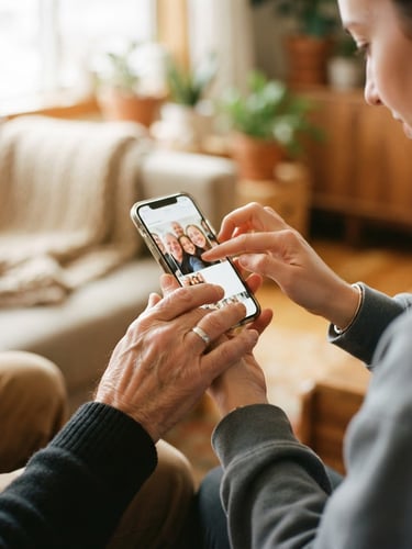 Hands of an older adult and a younger adult holding a smartphone together, warm natural window light, shallow depth of field, 35mm